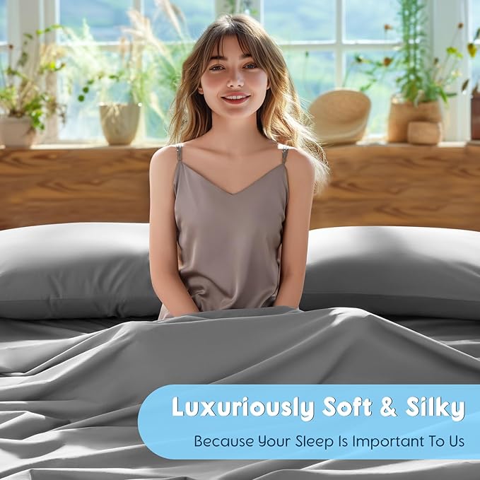 SONORO KATE 100% Egyptian Cotton Sheets Set - 1000 High Thread Count, Luxury 5-Star Hotel Sateen Bed Sheets, Soft, Breathable Long Staple Sheets, Fit up to 16" - 4 PC (Grey,King)