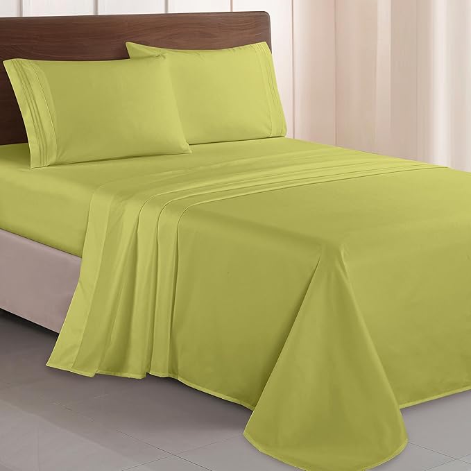 Elegant Comfort Luxurious 1500 Premium Hotel Quality Microfiber Three Line Embroidered Softest 4-Piece Bed Sheet Set, Wrinkle and Fade Resistant, Twin/Twin XL, Pistachio Green