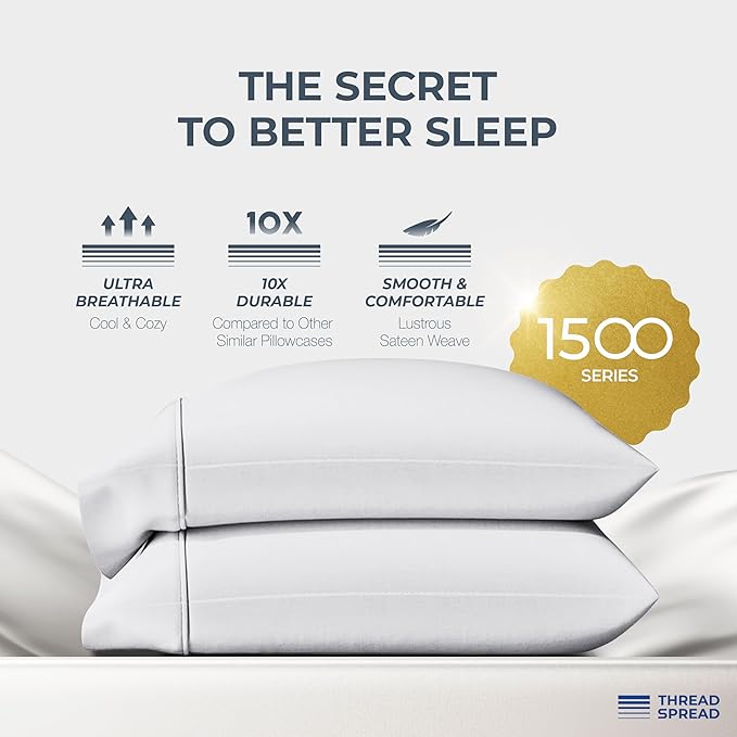 THREAD SPREAD 100% Egyptian Cotton Pillow Cases Queen Size Set of 2 - Luxury 1500 Series Queen Pillow Cases (White), Soft Cooling Envelope Closure Hotel Quality Egyptian Cotton Pillowcases