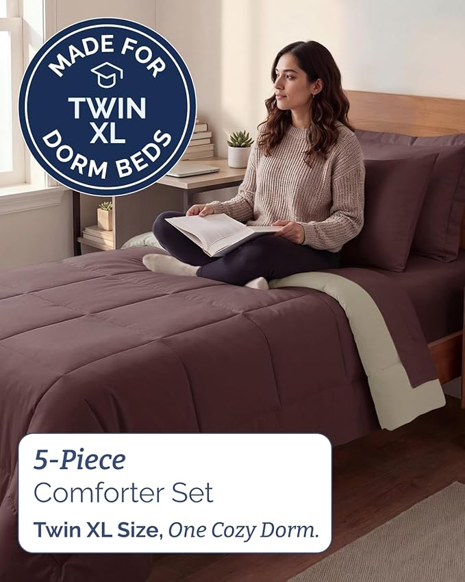 Twin XL Comforter Set - 5 Piece Bed in a Bag Twin XL Size Bed Set - Down Alternative Comforter, Flat Sheet, Fitted Sheet, Pillowcase & Sham for All Seasons - Soft, Comfy and Breathable - Brown/Beige