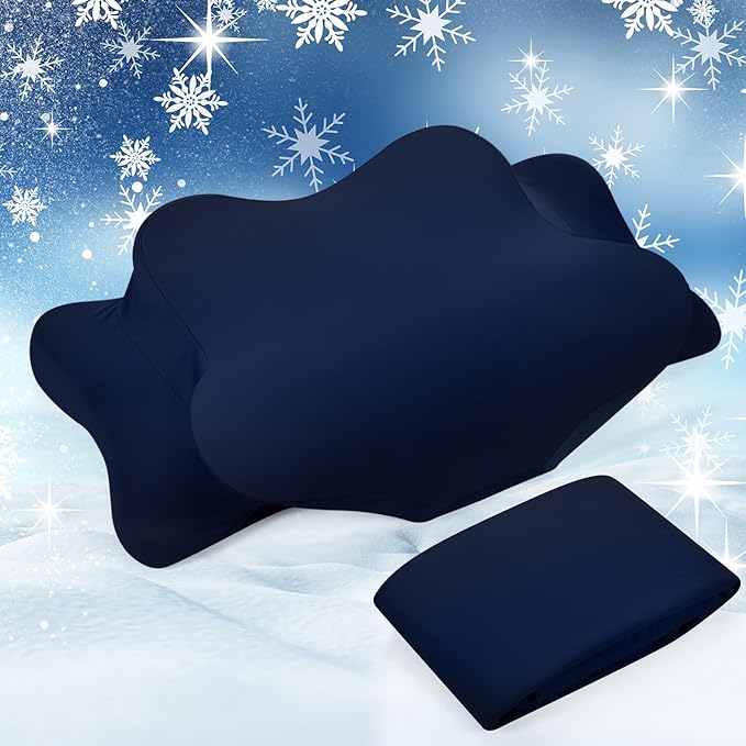 Hahafelt Cooling Cervical Neck Pillowcase Cover (Only Pillow Case) Ergonomic Pillowcase with Zipper Breathable Contour Pillow Cover for Side Back Stomach Sleepers(Navy Blue,Queen Size)
