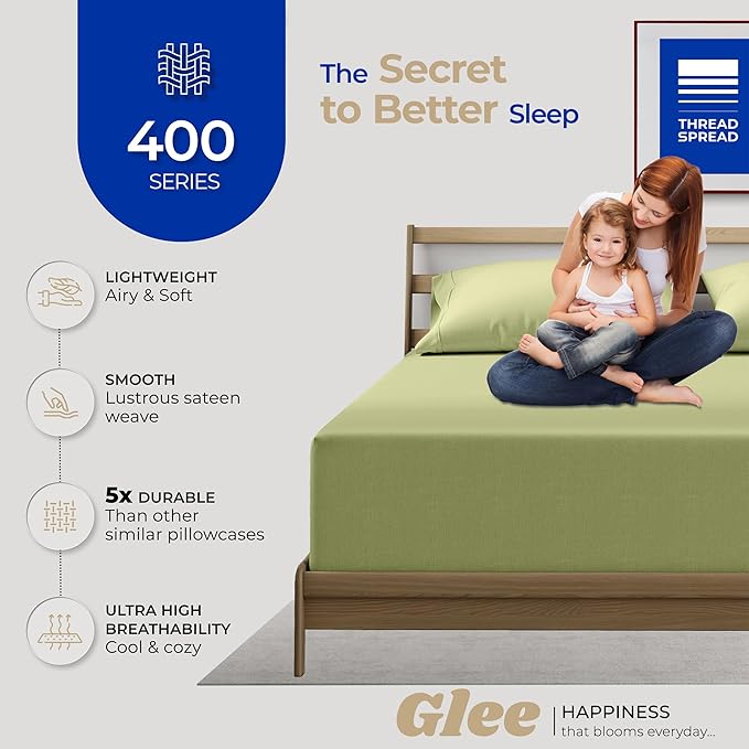 Thread Spread 100% Cotton Pillow Cases Queen Size Set of 2 - Luxury 400 Series Glee Collection Queen Pillow Cases (Sage Green), Soft Cooling Breathable Hotel Cotton Pillowcases, Fits Standard Pillows
