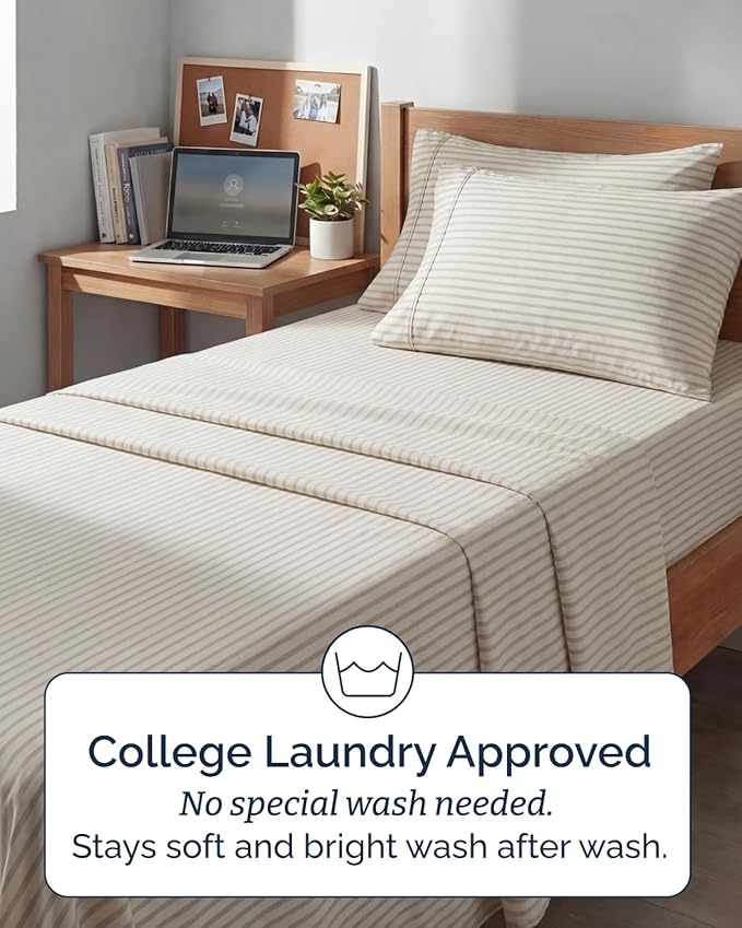 Extra Deep Twin XL Sheet Set - 4 Piece Breathable and Cooling Sheets - Hotel Luxury Bedding for Women, Men, Kids & Teens - Easy Secure Fit - Soft & Wrinkle Free - Extra Deep Pockets - Beige Stripes