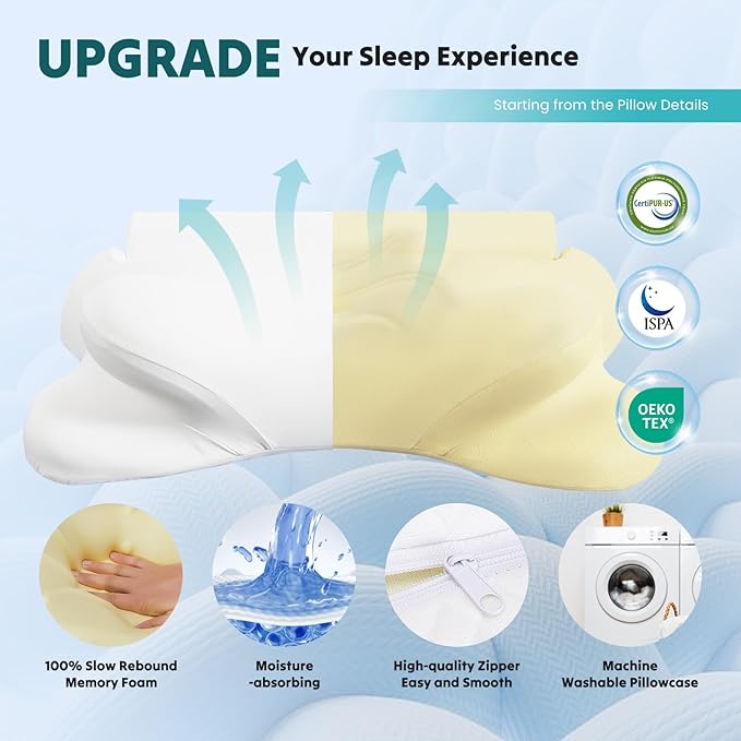 NEWBULIG Cervical Neck Pillow - Ergonomic Memory Foam Pillow for Neck Pain Relief, Contour Orthopedic Bed Pillow for Side, Back & Stomach Sleepers with Neck Support, 25.81" Lx14.6 W, White