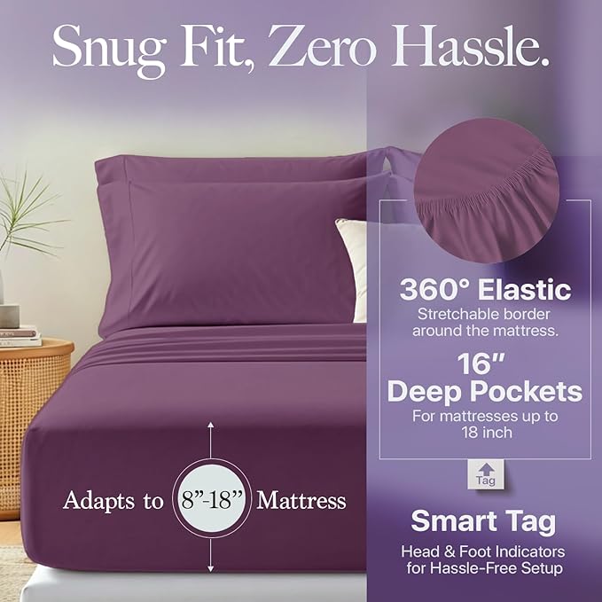Carressa Linen 100% Egyptian Cotton Twin Sheets Set - 600 Series Hydrangeas Collection Egyptian Cotton Luxury Twin Sheets (3 PC, Plum), 16" Deep Pocket, Soft, Cooling, Sateen Weave Bedding