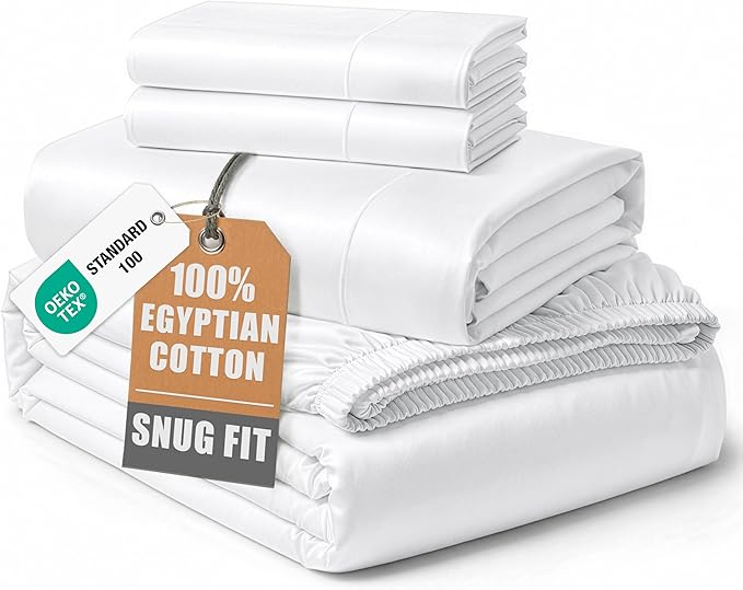 LANE LINEN 100% Egyptian Cotton Sheets, Sustainably Produced Eco Friendly Luxury Hotel Like Thick sábanas King, 15 inch Reinforced French Seam deep Pocket King Sheet Set - Brilliant White