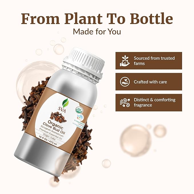 SVA Clove Essential Oil Organic– 16 Fl Oz – 100% Natural Clove Oil - for Diffuser, Hair Care, Face, Skin Care, Aromatherapy, Scalp and Body Massage, Soap and Candle Making