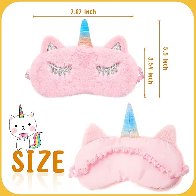 Geyoga 3 Pcs Sleep Mask for Kids, Girls Plush Sleeping Eye Cover Soft Eye Blindfold Cover Animal Shade for Kids(Pink,Bunny, Cat and Unicorn Style)