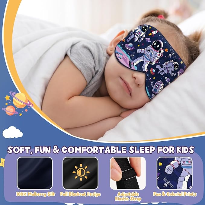 Silk Kids Sleep Mask: 100% Mulberry Silk Eye Mask, Sleeping Masks with Adjustable Strap, Soft & Light-Blocking Printed Kid Eye Cover for Boys Girls Teens Aged 5-15 (Alien Theme)
