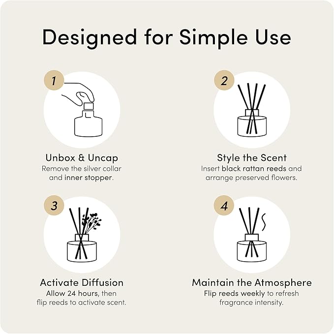 Reed Diffuser Set (6.7fl oz), Natural Bamboo Essential Oil Fragrance with Glass Bottle, Black Rattan Sticks & Preserved Flowers, Up to 120 Days Lasting Fragrance for Home & Office