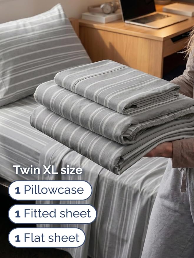 Extra Deep Twin XL Sheet Set - 3 Piece Breathable & Cooling Bed Sheets - Easily Fits 18 to 24 inch Mattress - Soft, Wrinkle & Fade Free w/ Extra Deep Pockets - Hotel Luxury Bedding - Grey Stripes 3