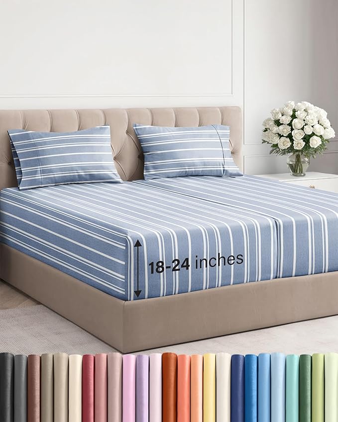 Extra Deep Split King Sheet Set - 5 Piece Breathable & Cooling Bed Sheets - Easily Fits 18 to 24 inch Mattress - Soft, Wrinkle & Fade Free w/ Extra Deep Pockets - Hotel Luxury Bedding - Blue Stripes 3