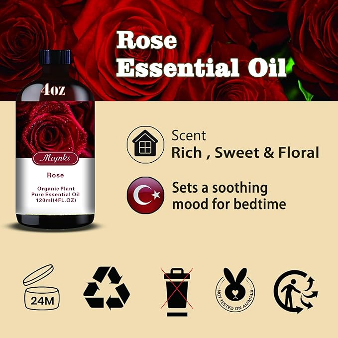 Rose Essential Oil – MLYNKL Rose Oils 4.33 fl oz for Diffusers, Humidifiers, Massage, DIY Candles, Soap, Cleaning, Home, Yoga, Office, Gifts - 130 ml