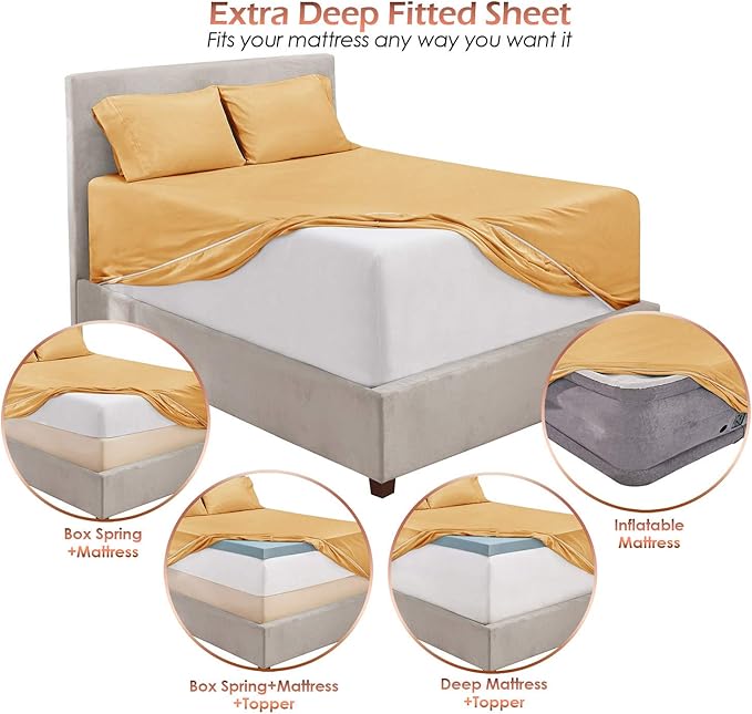 Hearth & Harbor Extra Deep Pocket Sheets - Fits Mattress 18-24 Inches Deep - Extra Deep Pocket Split King Size Sets - 7 Piece Split King Size - Camel