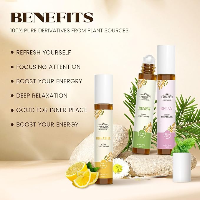 Essential Oils Roll On Set,Gifts for Mom & Wife (Calm, Relax, Breathe, Focus on, Sleep, Renew), Natural Aromatherapy Oil Blend Kit with Roller Ball for Massage, Body Skin Care, Relaxation Gift