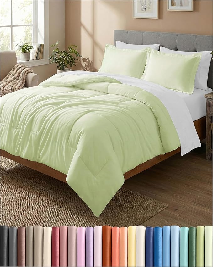 Full Comforter Set - 3 Piece Bed Set for All Seasons - 1 Soft Quilted Comforter with Corner Tabs & 2 Pillow Shams - Comfy, Cozy & Breathable - Premium Down Duvet Insert - Full Size, Light Sage Green