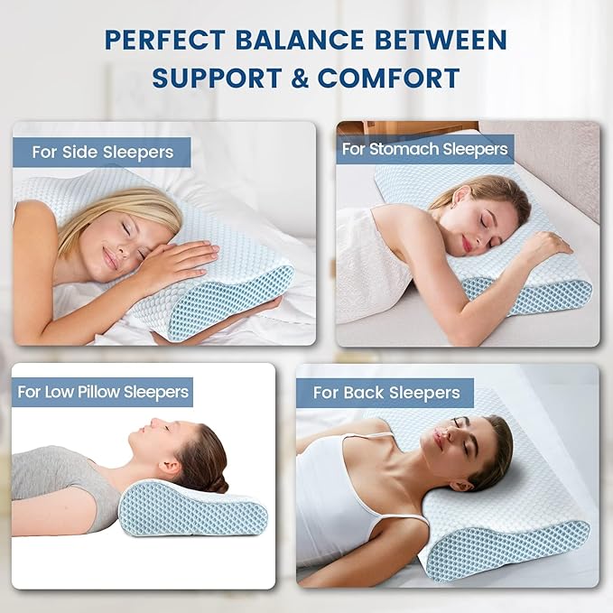 Polovo Neck Pillow Memory Foam Pillows for Sleeping, Ergonomic Cervical Pillow Neck Support Pillow Bed Pillow for Side Back Stomach Sleepers, Contour Pillow for Neck and Shoulder Pain Relief (Blue)
