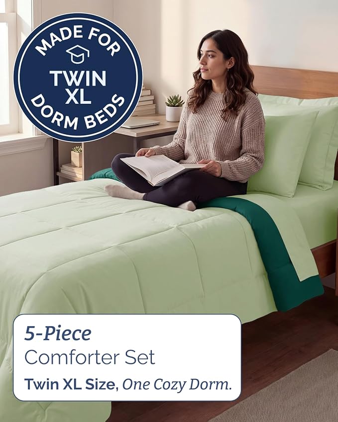 Twin XL Comforter Set - 5 Piece Bed in a Bag Twin XL Size Bed Set - Down Alternative Comforter, Flat Sheet, Fitted Sheet, Pillowcase & Sham for All Seasons - Soft and Breathable - Light Sage/Emerald
