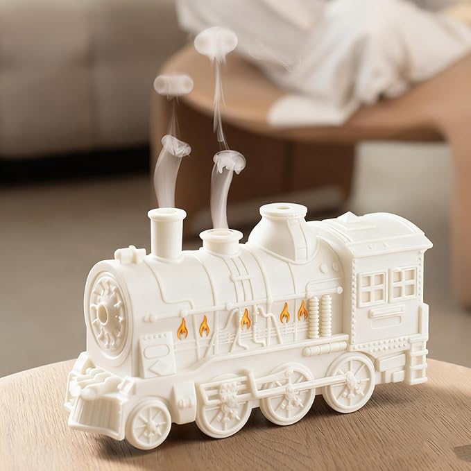 Fabater 300ML Train Shaped Humidifier with Night Light for Bedroom Desk, Train Essential Oil Diffuser Cool Mist Humidifier Dual Spray Modes (White)