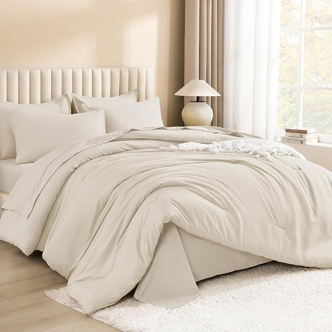 Litanika Super King Comforter Sets Beige - 7 Pieces Bed in a Bag Oversized King Bedding Comforter Sets, Solid Lightweight Bed Set with Comforter, Sheets, Pillowcases & Shams