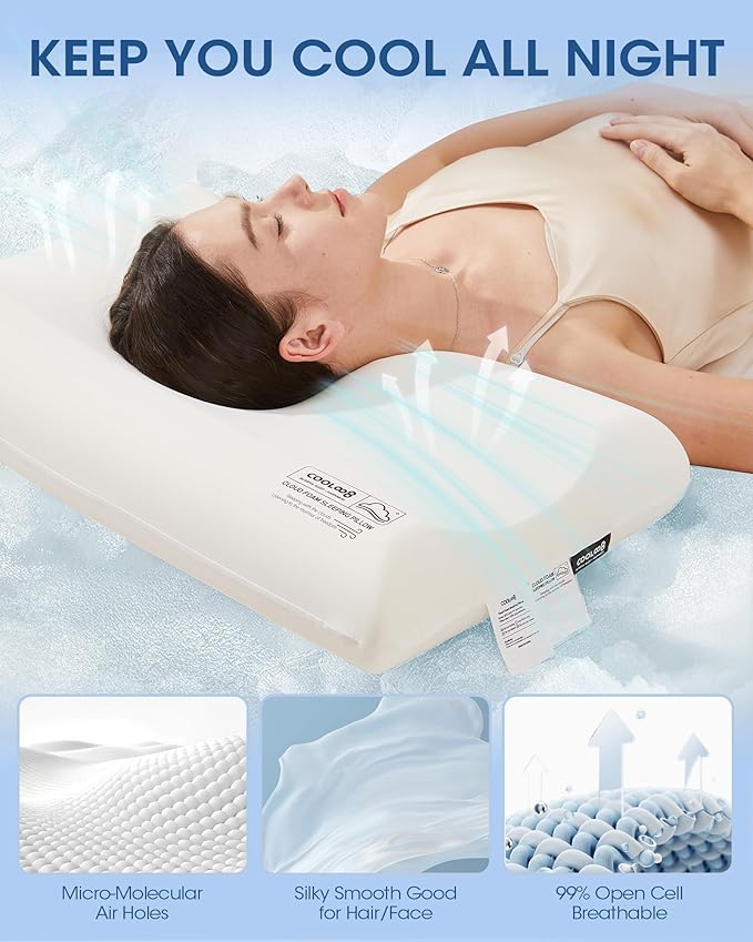 Ultra-Thin Memory Foam Pillows Queen Size, Contour Cooling Cervical Pillow for Neck Pain Relief, Orthopedic Ergonomic Bed Pillow for Side, Back and Stomach Sleepers, (3.1 Inch Thickness, 1 PCS)