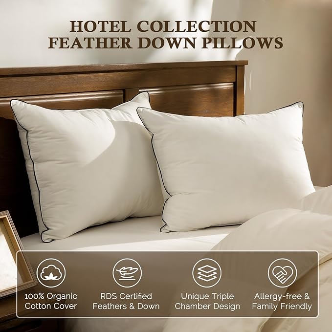 BPC Goose Feather Down Pillows King Size Set of 2, Luxury Hotel Pillows with 100% Organic Cotton Cover, Bed Pillow for Medium Firm Support & Cloud-Like Comfort, 20"x36"
