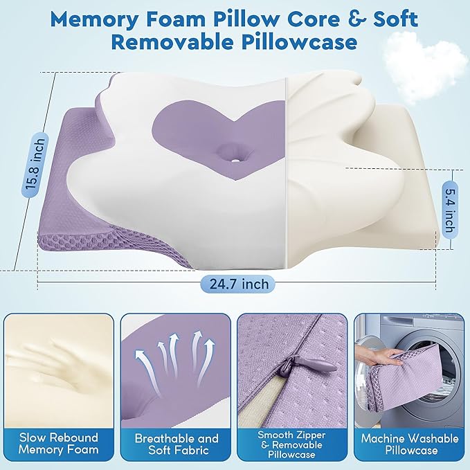 CushZone Cervical Neck Pillow, Memory Foam Neck Support Pillows for Sleeping, Shoulder Pillow for Side Sleepers, Back Stomach Sleepers, Queen Size, Lavender Color