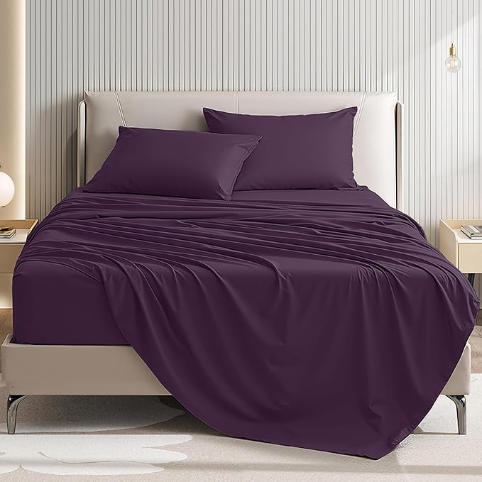 4 Piece Sheet Set - Comfy Breathable & Cooling Bed Sheets Set, Soft and Wrinkle Free, Deep Pockets, Easy & Secure Fit, Hotel Luxury Bedding for Women, Men - Oeko-Tex - (Purple,Queen)