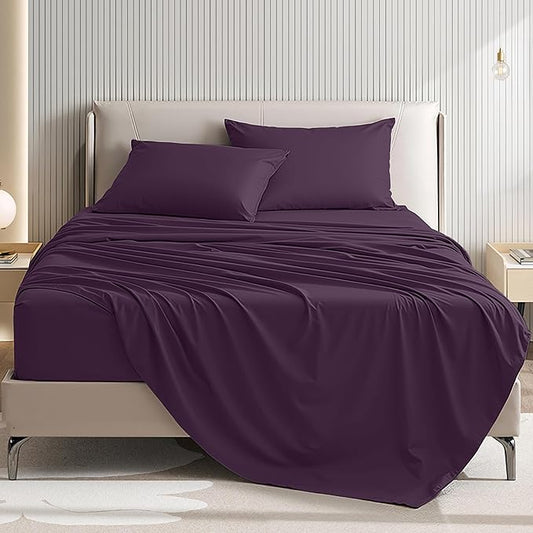 4 Piece Sheet Set - Comfy Breathable & Cooling Bed Sheets Set, Soft and Wrinkle Free, Deep Pockets, Easy & Secure Fit, Hotel Luxury Bedding for Women, Men - Oeko-Tex - (Purple,Queen)