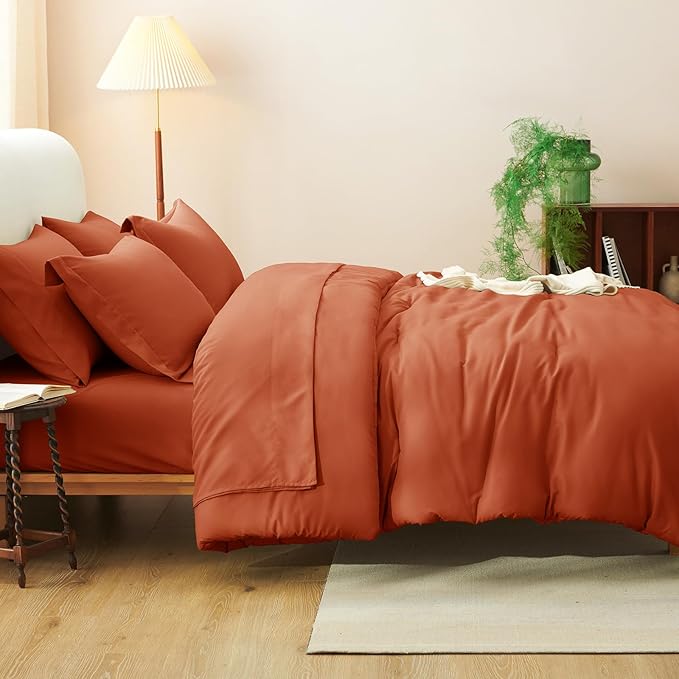 CozyLux Full Comforter Set Burnt Orange, 7 Pieces Bed in a Bag Terracotta Comforter Set with Sheets, All Season Boho7PC Bed Sets with Comforter, Fitted Sheet, Flat Sheet, Pillow Shams and Pillowcases