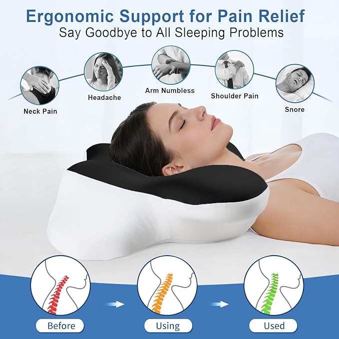 Butterfly Cervical Memory Foam Pillow, Dual-Height Design (11cm/13cm) with Skin-Friendly Breathable Fabric, Ergonomic Neck Support for Sleep Relief, Black & White