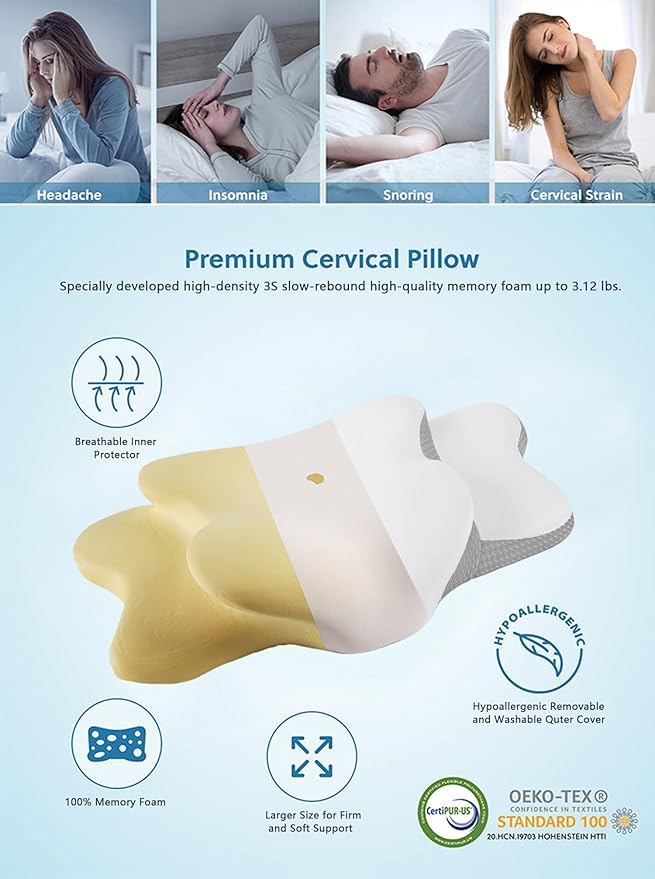 Cervical Neck Pillow for Sider Sleeper | Ergo Pillow for Sleep Apnea, Neck Pain, and Snoring Relief | Contour Memory Foam with Ergonomic Support, White, Large
