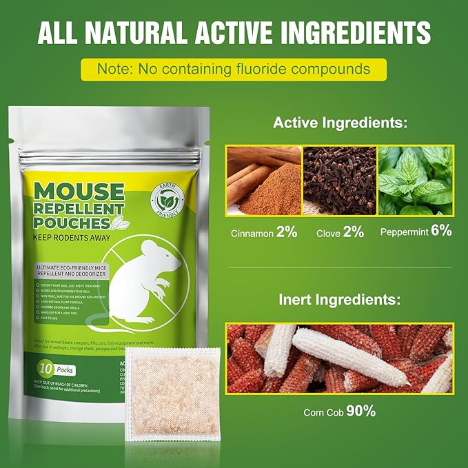 10 Packs Mice Repellent Pouches, Peppermint Oil Rodent Repeller, Natural Pest Control for Rats Squirrels Insects, Indoor Outdoor Mouse Deterrent, Pet & Family Safe Alternative to Traps & Poison