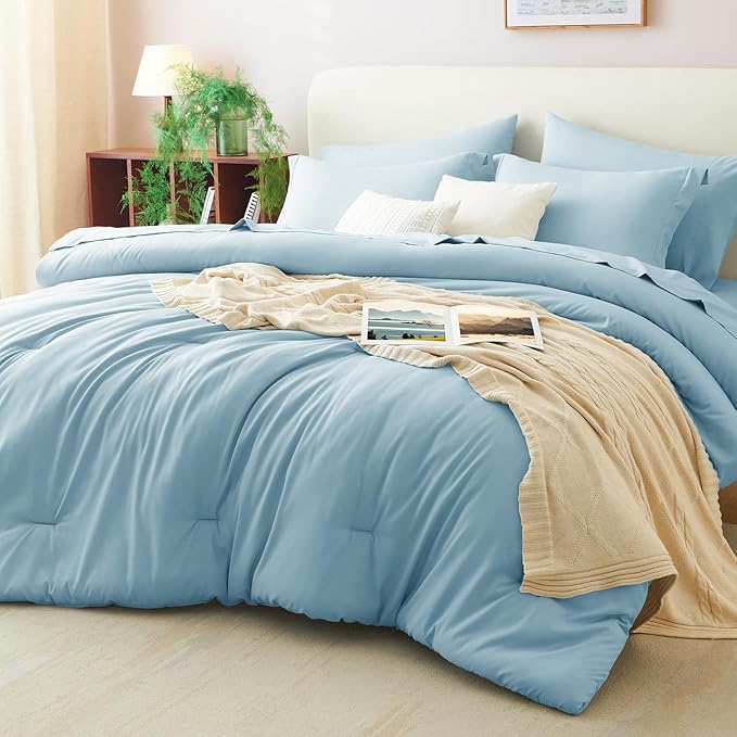 CozyLux Queen Comforter Set Light Blue, 7 Pieces Bed in a Bag Queen Comforter Set with Sheets, Luxury Soft Bedding Sets with Down Alternative Comforter, Fitted Sheet, Flat Sheet, Pillowcases & Shams