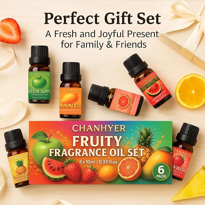 Fruity Essential Oils Set-6 x 10ml-Green Apple,Watermelon,Strawberry,Pineapple,Blood Orange,Mango,Sweet Aromatherapy Oils for Diffuser,Humidifier,Candle & Soap Making