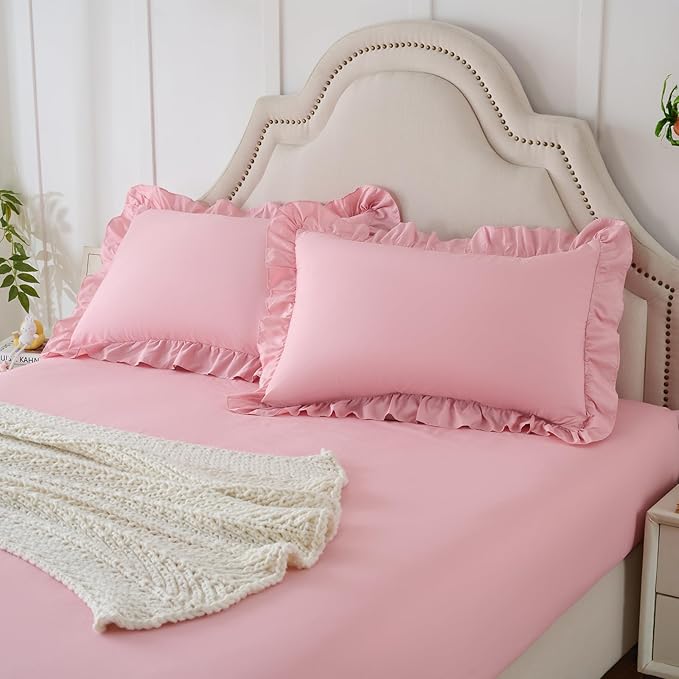 Homiest 3-Pieces Ruffle Pillow Case & Fitted Sheet Set, Light Pink Full Sheets with 2 Ruffled Pillow Shams, 15 Inch Deep Pocket, Cute & Coquette Microfiber Bed Set for Decorating Bedroom Hotel