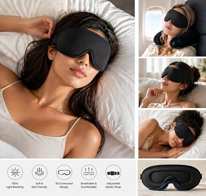 Luxury Travel & Sleep Eye Mask – Ultra 3D Comfort, Zero‑Pressure Fit, Complete Light Blocking for Deep Sleep, Dry Eye Relief Perfect for Men Women and Sensitive Sleepers, Soft Eye Cover, Black