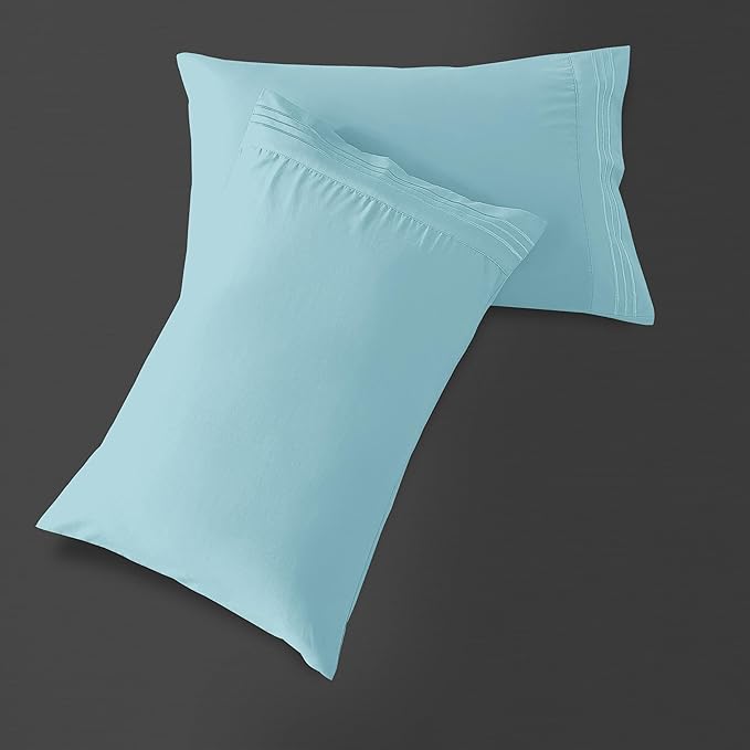 Mocassi 2-Piece Premium Standard/Queen Pillowcase Set 1800 Series Hotel Quality Microfiber - Soft and Breathable with 3-Line Embroidery Wrinkle and Stain Resistant, Easy Care, 20" x 30", Aqua Blue