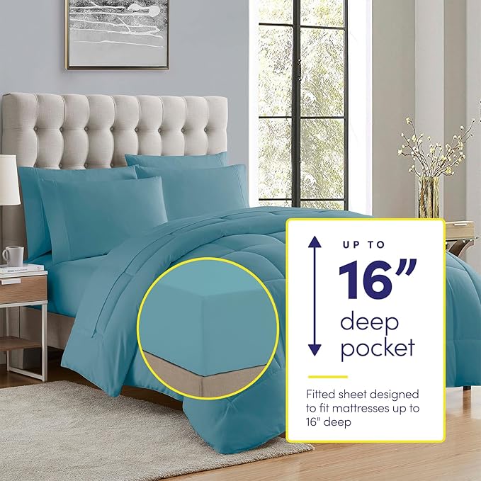 Sweet Home Collection 7 Piece Comforter Set Bag Solid Color All Season Soft Down Alternative Blanket & Luxurious Microfiber Bed Sheets, Misty Blue, Full