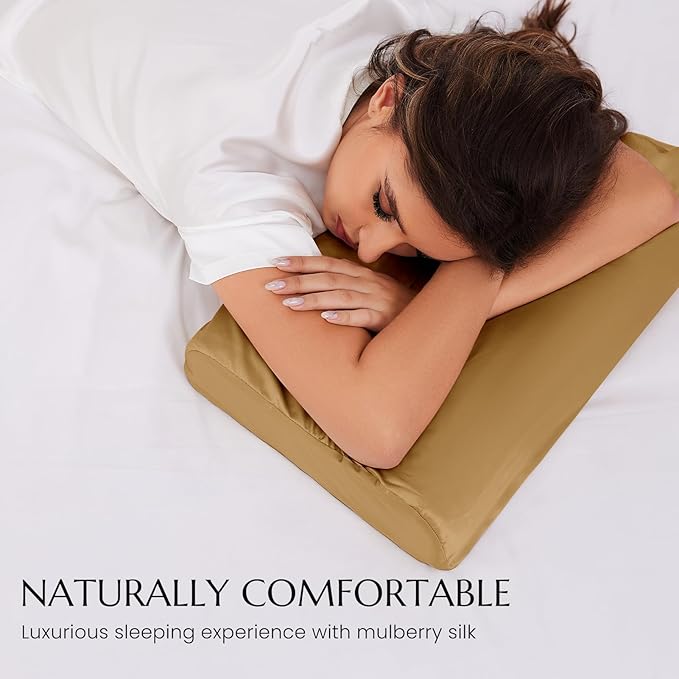 THXSILK 19 Momme 100% Mulberry Silk Pillowcase for Contour Memory Foam Pillow, Contour Pillow Case Cover, Cervical Pillow Case, Pack of 1(Metallic Gold, 24"x14"x4.7"/3.9")