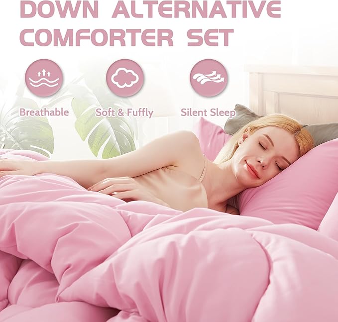 Decroom Lightweight King Comforter Set with 2 Pillow Sham - 3 Pieces Set - Quilted Down Alternative Comforter/Duvet Insert for All Season - Pink - King Size
