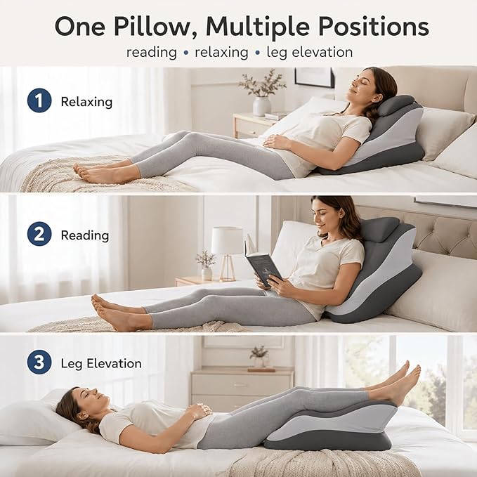 Ergonomic 27° Memory Foam Wedge Pillow for Bed, Multi-Position Support Pillow for Back, Neck & Legs, Positioning Pillow for Reading, Sitting Up & Relaxing, Gray