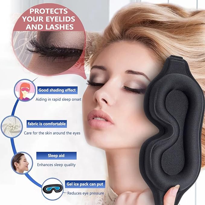 Sleep Mask for Side Sleeper, Upgraded 3D Contoured Cup Eye mask Blindfold for Man Women, Block Out Light, Eye mask with Adjustable Strap, Breathable & Soft for Sleeping, Yoga, Traveling (Black)