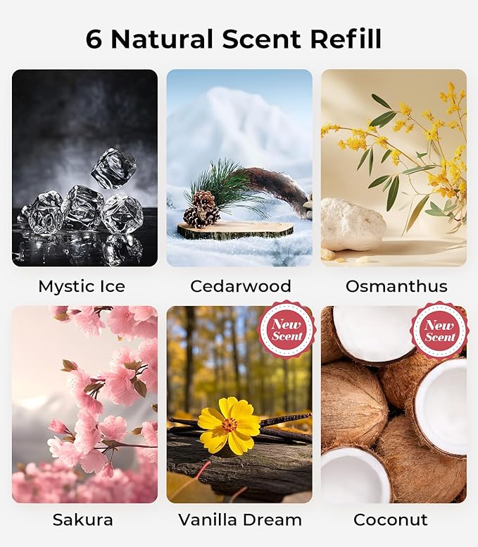 Hitolza Smart Car Air Fresheners, Ambient Light & Mist Fragrance, Auto On/Off Car Air Freshener Diffuser, Adjustable Intensity, Lasts 6 Months, Built-in Battery, Premium Scents Refill X2 - Sakura