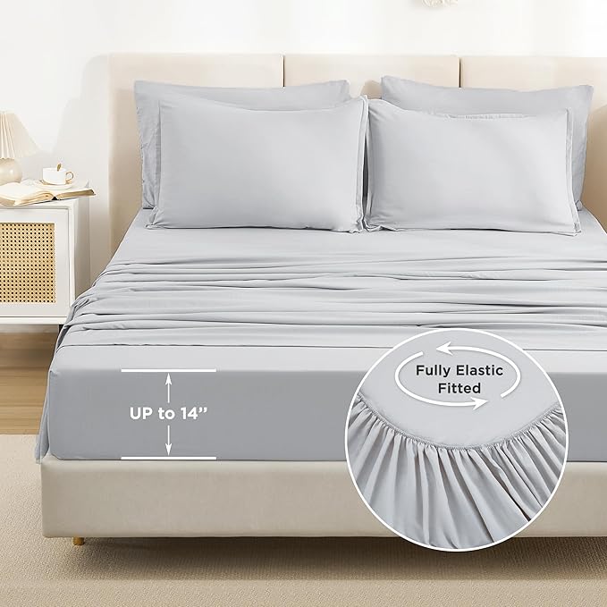 Litanika California King Comforter Set Light Grey - 7 Pieces Bed in a Bag Cal King Bedding Comforter Sets, Plain Lightweight Bed Set with Comforter, Sheets, Pillowcases & Shams