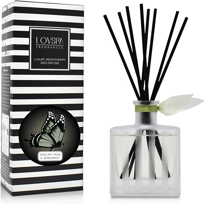 Reed Diffuser Set, English Pear & Bergamot Scented Oil Diffuser with Sticks, Home Fragrance Accessories for Bathroom Shelf Decor, Aroma Diffusers for Home or Office Desk, USA Made