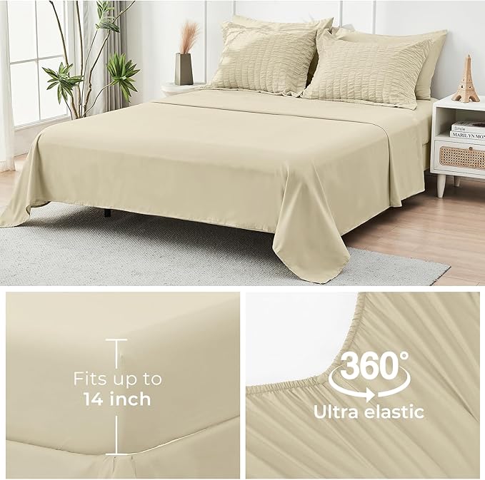 HYMOKEGE Oatmeal Full Size Comforter Sets Seersucker 7 Pieces, All Season Luxury Bed in a Bag for Bedroom, Bedding Set with Comforter, Sheets, Pillowcases & Shams