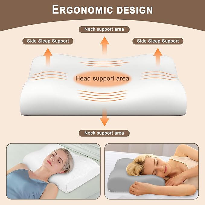 Cervical Memory Foam Pillow for Neck Pain Relief – Ergonomic Contour Pillow for Side, Back & Stomach Sleepers – Eco-Friendly & Durable