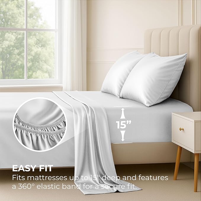 Satin Sheets Queen [4-Piece, White] Hotel Luxury Silky Bed Sheets - Extra Soft 1800 Microfiber Sheet Set, Wrinkle, Fade, Stain Resistant - Deep Pocket Fitted Sheet, Flat Sheet, Pillow Cases