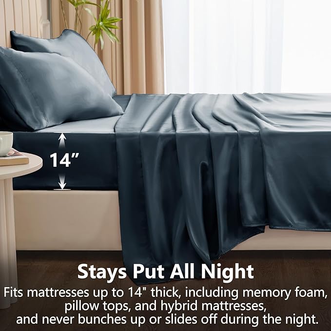 CozyLux Satin Sheets King Size Sheet Set - 4 Piece Silky King Sheets, Luxury Steel Blue King Bed Set with Smooth and Soft Microfiber, Includes 1 Fitted Sheet, 1 Flat Sheet and 2 Pillowcases